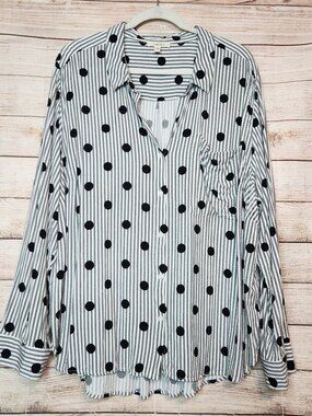 Como Blu White Gray Black Polka Dots Long Sleeve Top Women's Size 3X Button